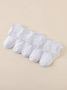 5 Pairs Girls' White Casual Ruffled Edge Mesh Socks, Fashionable Breathable Lace Trim Socks, Soft & Comfortable Princess Style Socks Suitable For Daily Wear, Parties, Back To School, Holidays, Dance Performances - White - View 6