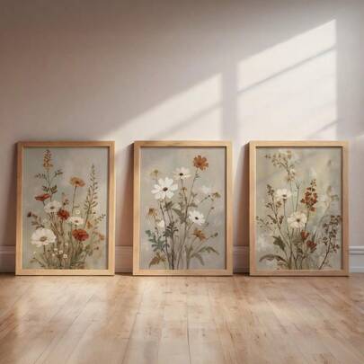 3幅花卉油画海报，植物墙面艺术印刷品，精美装饰画，无框墙面装饰，适用于厨房、客厅