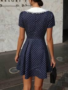 Summer Vacation Polka Dot Print Dress, Women's Fashion Lace Patchwork V-Neck Casual Elegant Dress - Navy Blue - View 2