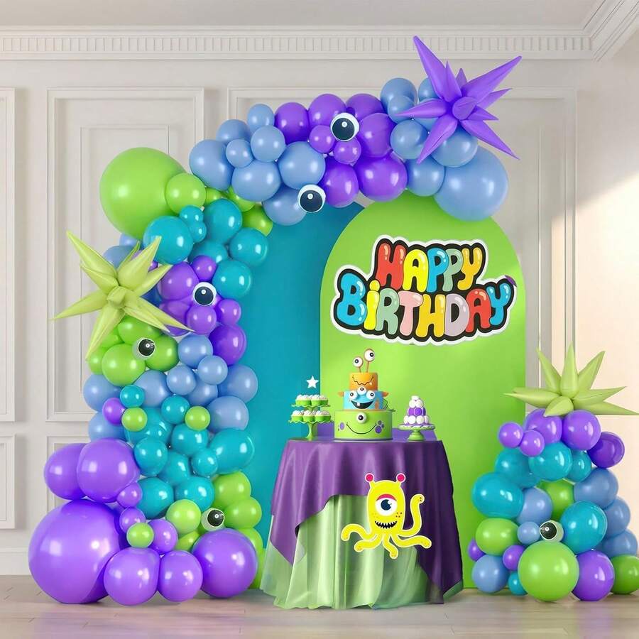 Set de 117 arcuri de baloane cu tematică de monștri, include baloane din latex mov, verde, albastru și în formă de ochi. Perfect pentru petreceri de ziua de naștere, petreceri pentru prima aniversare, decorațiuni distractive și decorațiuni de petrecere cu tematică de monștri de desene animate. - Multicolor - Vizualizare 1