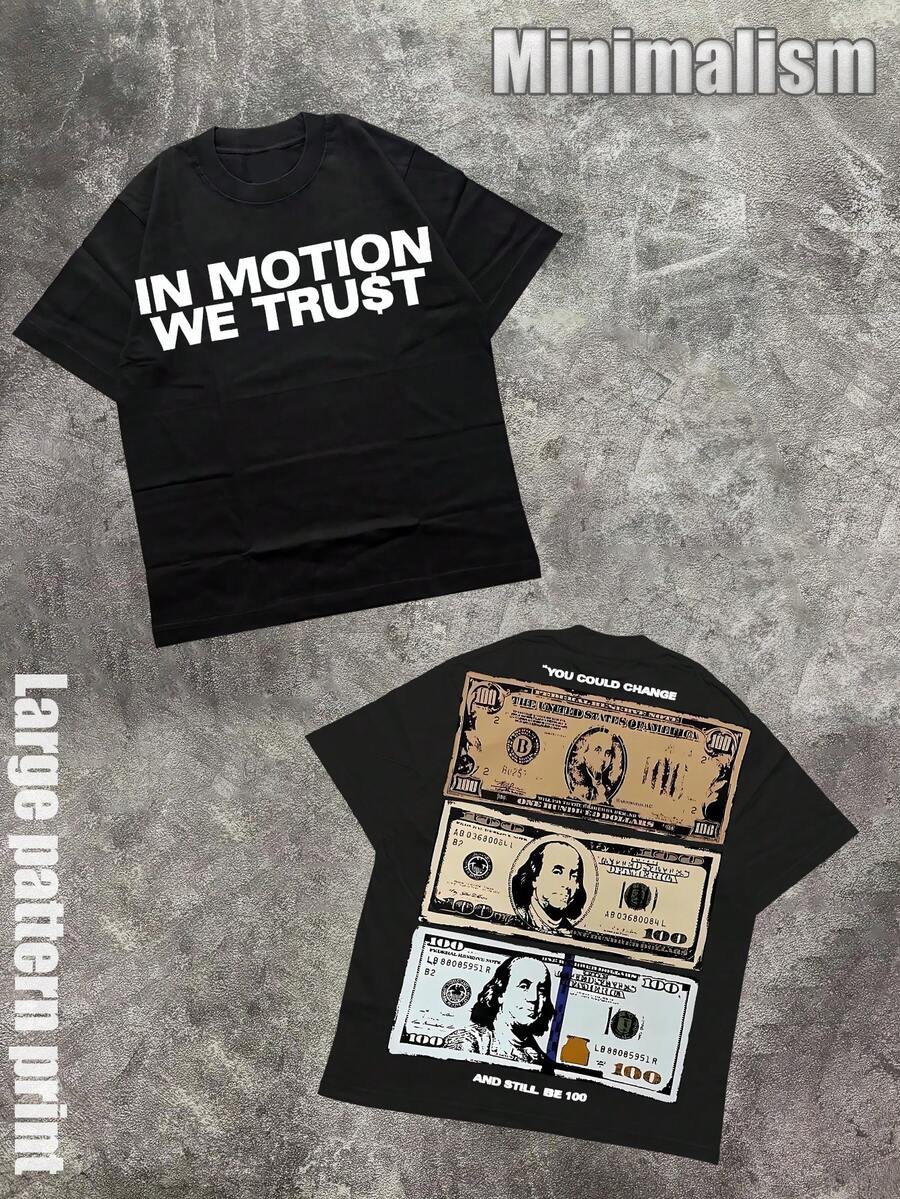 "In Motion We Trust: $100 Bill Graphic Tee" (220g Cotton T-Shirt) Printed T-Shirt, Graphic Tee, Unisex T-Shirt, Casual And Comfortable, Men's Cotton T-Shirt. Interesting Pattern T-Shirts, Street Life, Home Leisure, Friends Gathering,Graphic Tees Men - 黑色 - 查看 1