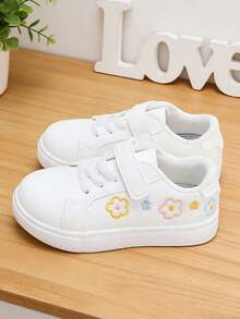 儿童时尚春季新款刺绣花卉板鞋，休闲运动鞋，百搭 - 白色 - 查看 4