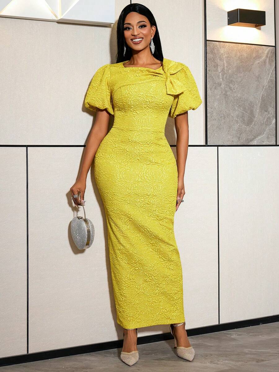Damen Gelbes Jacquard Figurbetontes Kleid mit Schleife, Puffärmeln, elegant für Hochzeitsgäste, festliche Anlässe Frühlingsparty