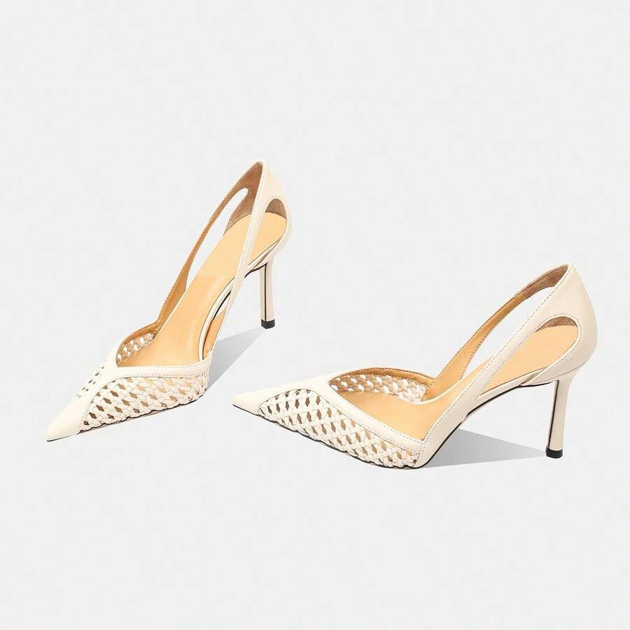 Women's Pointed Toe Glamorous Fashion Mesh Breathable Sexy Party Wedding Versatile Rhinestone Pumps - Apricot - View 1