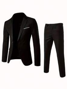 Essential 2-Piece Groomsmen Suit Set For The Groom Premium-Quality, Fashionable Slim-Fit Men's Wedding Attire Suitable For Evening Parties, Business Formal Occasions Men's Suit Set - 黑色 - 查看 2