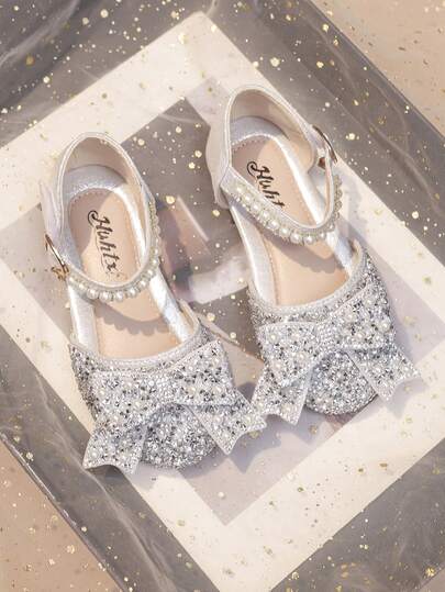 Girls' School Flat Shoes Big Size Princess Style Bow Rhinestone Pearl Embellished Shoes