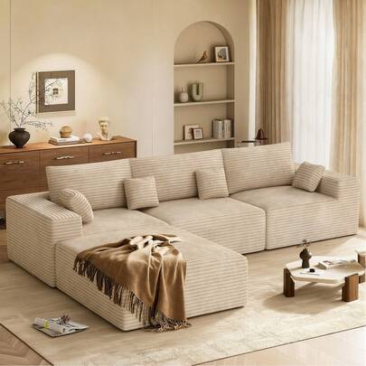 Nalupatio L-Shape Plush Corduroy Modular Sectional Sofa Set, Heavy Duty 550kg Weight Capacity, Pet Friendly Ergonomic Design, Wide Armrests, Includes 3 Large Headrests & 4 Decorative Cushions, High-Resilience Foam, Easy Assembly Customisable Living Room Furniture, 2 Boxes Delivery