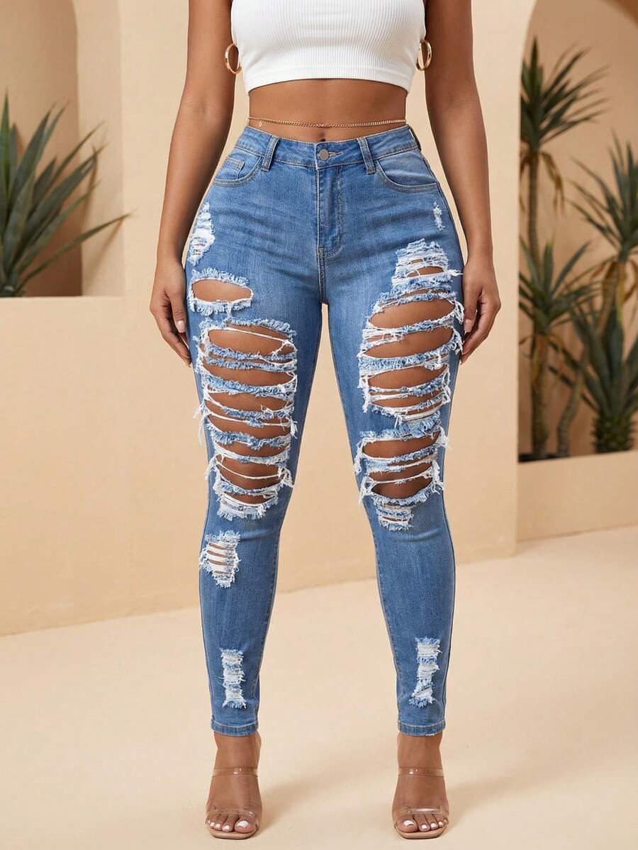 Women's High Waist Distressed Stretchy Skinny Jeans Retro Casual Outing Denim Pants With Bold Ripped Details - Rửa nhẹ - Xem 1