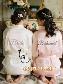 Bata nupcial de satén personalizada, diseño de manga corta, bata de dama de honor nupcial personalizada, bata de satén personalizada, bata nupcial personalizada, bata de preparación de dama de honor, bata de fiesta de boda, bata con ribete de encaje, bata con nombre personalizado, regalo de bata nupcial - Multicolor - Ver 1