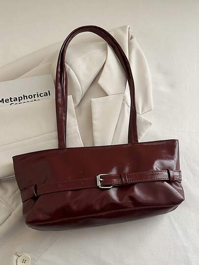 1pc Vintage Large Capacity Tote Bag, Commuter Oversized Underarm Bag, Fashion Motorcycle Wine Red Women's Handbag, Solid Color Oiled Wax Leather, Strap Decoration, Zipper Closure, Burgundy, Women's Shoulder Bag For Going Out, Work, School, Short Trip, Vacation, Gift, Valentine's Day, Birthday, Shopping, Business, Ideal For Daily Use