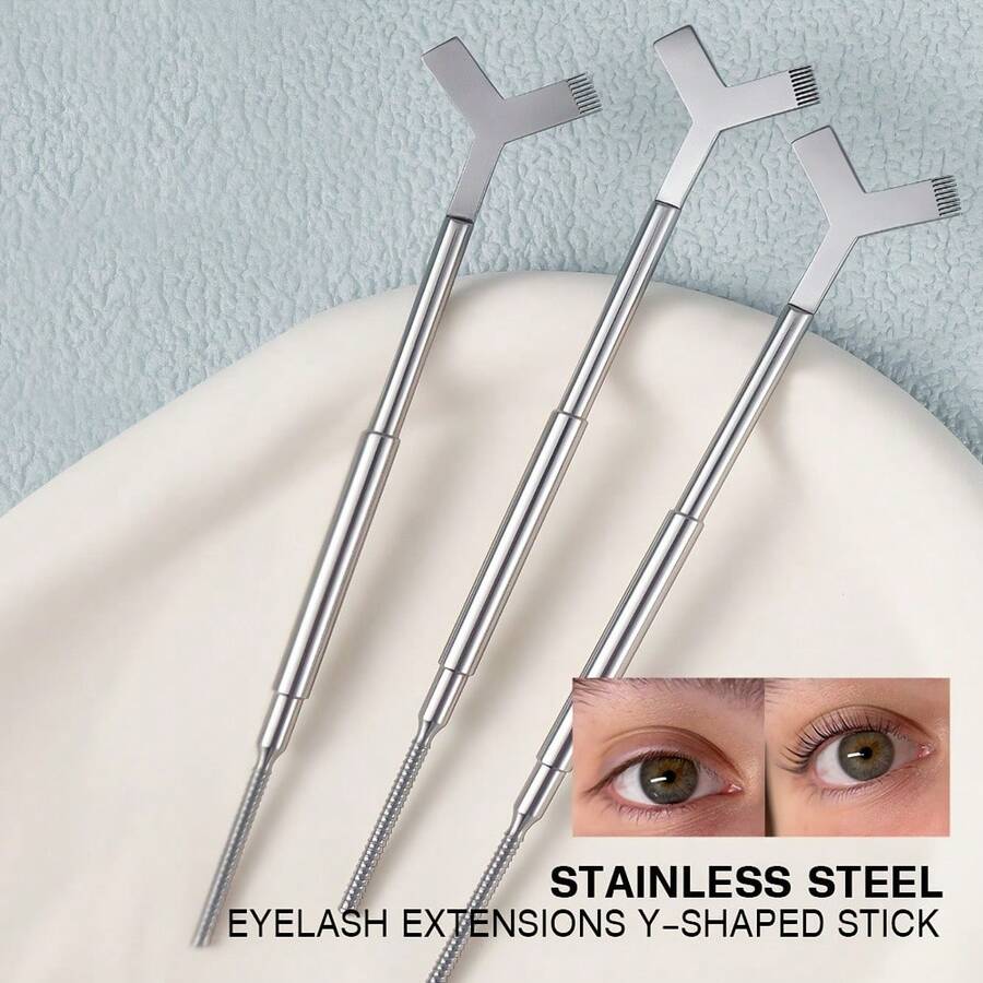 1pc Y-Shaped Eyelash Curler Tool, Professional Eyelash Separator Tool, Eyelash Curling And Tinting Tool With Comb, Stainless Steel Eyelash Straightening Brush, Eyelash Curling Comb, 3-In-1 Eyelash Curling Assist Tool - Multicolor - View 1
