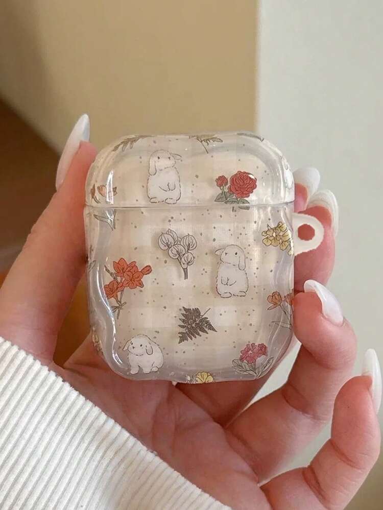 Torkade blommor och torkad frukt 1 st minimalistiskt fräscht tillbehörsfodral i koreansk stil med rutigt blommigt tecknat kaninmotiv, lämpligt för AirPods 4:e generationen, Pro 3:e generationen, 1/2 generationens trådlösa Bluetooth-hörlurar (hörlurar ingår ej) - Vitt - Visa 7