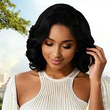 女士波浪卷波波头假发，真人发丝，13x4蕾丝前假发，无胶真人发假发，短款波波头假发，巴西柔顺波浪假发，适合日常佩戴、派对和假日佩戴 - Natural Black - 查看 9