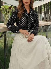 YUXIN 女士春夏波点长袖衬衫，丝滑系领宽松透气，适合多种场合穿着，如办公室、休闲度假派对等，黑色款。 - 黑色 - 查看 7