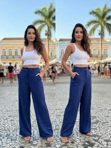 Simples    Bolso  Cintura contrastada  Zíper    Casa - Azul Marinho - Visão 1