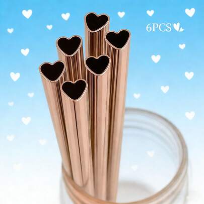 6 Stück Edelstahl Strohhalme, kreative romantische rosa herzförmige Strohhalme, herzförmig mit Liebesbotschaft dekorative Strohhalm Accessoires, geeignet für Smoothies, Milchshakes, Cocktails - Weihnachten Halloween Küche und Restaurant Dekoration, ideale Bar Accessoires für Zuhause und Hochzeitsparty Geschenke