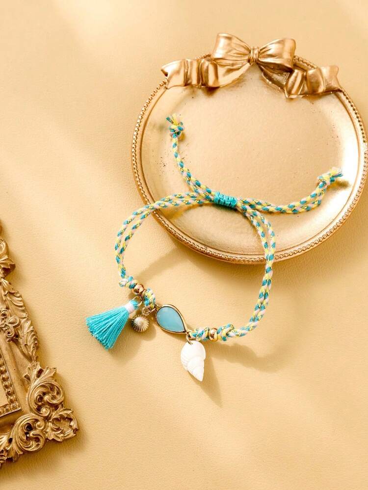 1 pieza Pulsera casual y versátil para niñas, hecha a mano con concha de plástico tejida y borlas de colores - A - Añade 2