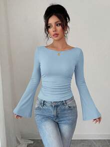 Women's Spring Fall Long Sleeve Shirts Crop Going Out Tops Casual Boat Neck Bell Sleeve Ribbed Ruched Y2K Clothes - Light Blue - View 1
