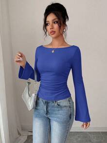 Women's Spring Fall Long Sleeve Shirts Crop Going Out Tops Casual Boat Neck Bell Sleeve Ribbed Ruched Y2K Clothes - Royal Blue - View 4