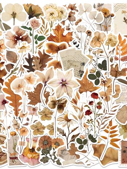 Set de 50 pegatinas retro con estética de plantas, hojas y flores secas decorativas para laptop, guitarra, equipaje, cuaderno, teléfono y papelería
