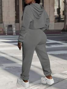 CALEBGAR Plus Size Women's Three-Piece Fleece-Lined Tracksuit, Includes Hoodie, Vest, And Long Track Pants |   Autumn/Winter Loose-Fit Casual Tracksuit |   Streetwear Sporty Style - Màu xám đen - Xem 3