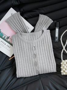 法式圆领镂空针织衫，休闲修身长袖内搭，适合早春穿着 - 灰色 - 查看 7