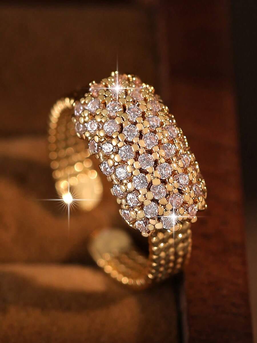 1枚优雅几何全立方氧化锆订婚戒指，女士结婚纪念日生日节日可开合戒指，铜质首饰礼品 - 金黃色 - 查看 1