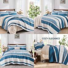 Quilt Set Queen Size Blue Striped Boho Bedspread Coverlet Set 3 Pieces Striped Patchwork Bedding Set Soft Microfiber Lightweight Bed Cover For All Season Blue 96''x90'' - Blue+Queen - View 1