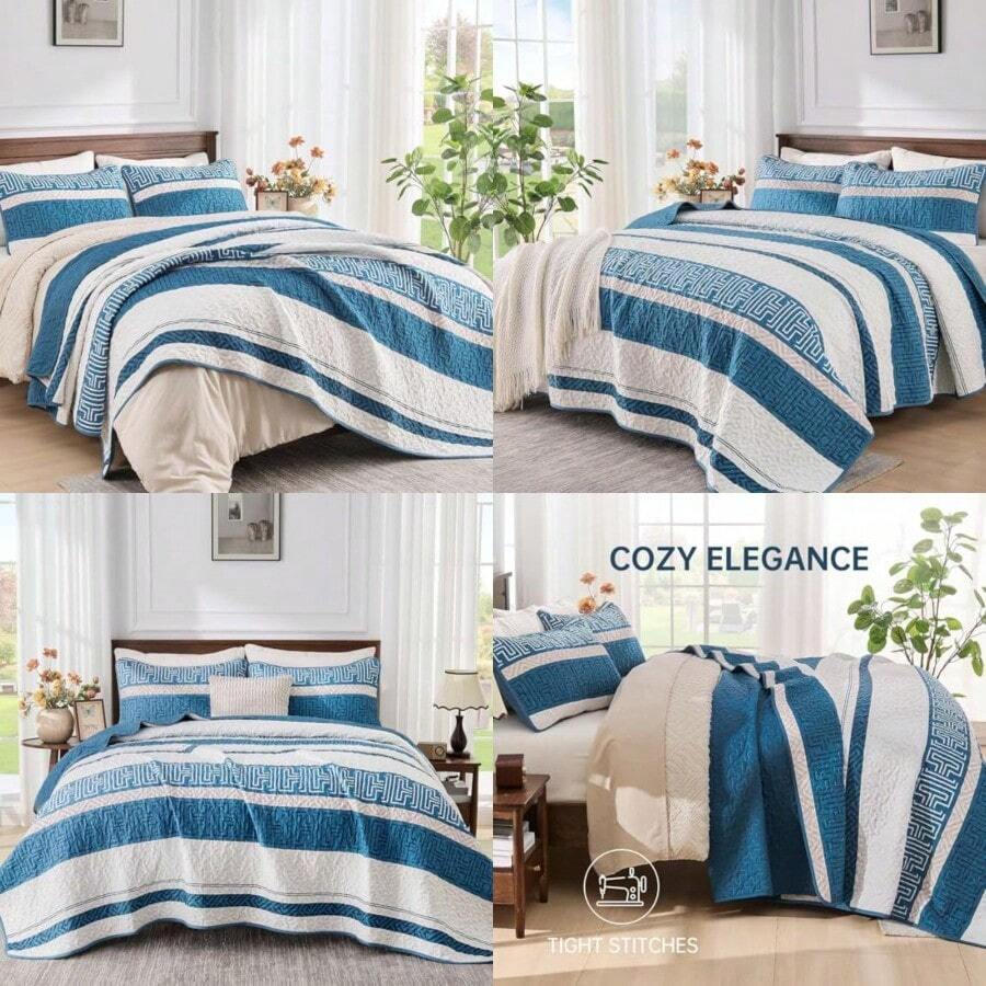 Quilt Set Queen Size Blue Striped Boho Bedspread Coverlet Set 3 Pieces Striped Patchwork Bedding Set Soft Microfiber Lightweight Bed Cover For All Season Blue 96''x90'' - Blue+Queen - View 1