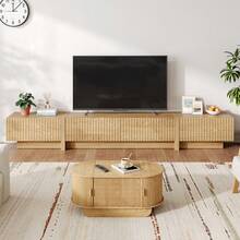 98'' Mid Century Modern TV Stand For Living Room, Bedroom, Wood TV Console With Storage, Entertainment Center With Drawers, Fluted TV Stand & Media Console With Cabinet, White, Natural - Natural Oak - 查看 10