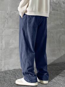 复古美式灯芯绒直筒男士长裤，卡其色休闲裤，百搭款式，适合送给男友或丈夫 - 藍色 - 查看 4