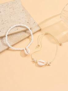 Bộ 2 chiếc vòng chân đính cườm hình sao biển màu ngọc lam kiểu dáng nghỉ mát mùa hè, trang sức chân đính cườm trắng đa năng phù hợp cho phụ nữ đeo hàng ngày, dự tiệc bãi biển, hẹn hò, lễ hội âm nhạc. - Nhiều màu - Xem 3