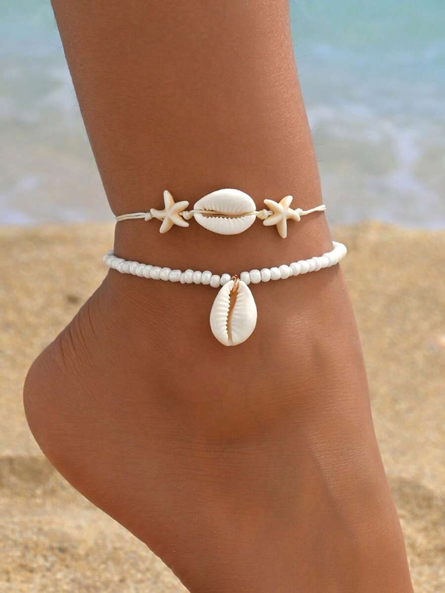 Bộ 2 chiếc vòng chân đính cườm hình sao biển màu ngọc lam kiểu dáng nghỉ mát mùa hè, trang sức chân đính cườm trắng đa năng phù hợp cho phụ nữ đeo hàng ngày, dự tiệc bãi biển, hẹn hò, lễ hội âm nhạc. - Nhiều màu - Xem 1