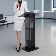 Acrylic Podium Stand, Floor Standing Portable Pulpits With Storage Shelf Black - Black - View 5