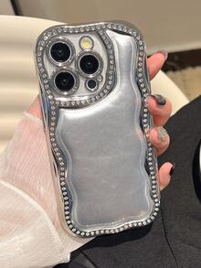 Minimalist Fashion Wavy Edge Fully Rhinestoned Leather Phone Case Suitable For IPhone 16 15 14 13 - Silver - View 1
