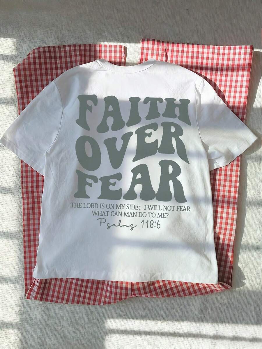 Women's "Belief Overcomes Fear" Letter Print Casual Round Neck Short Sleeve T-Shirt, Fashionable Resort Style, Essential Daily Wear. Women's Graphic Tee, Women's White Top - White - View 1