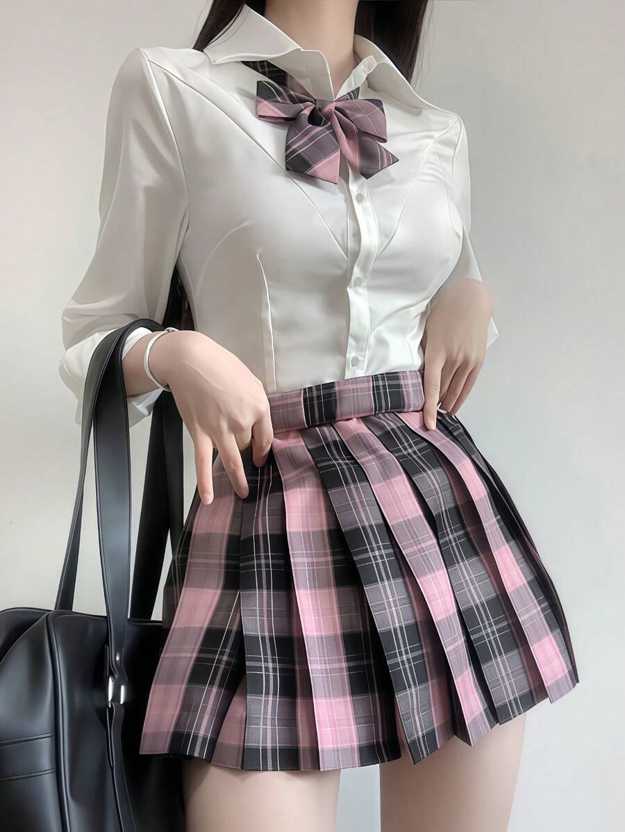 1件裝校園日系學生制服 白色長袖修身襯衫與格紋裙套裝，秋冬款，音樂祭學生 Cosplay 套裝，適合春季與秋季 - 彩色 - 查看 1