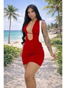 Vestido Curto Feminino Suplex com Decote Profundo Ideal para Praia e Verão - Vermelho - Visão 1