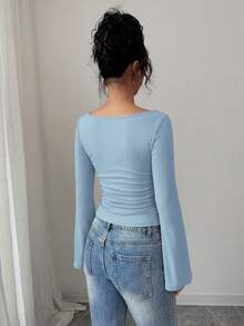 Women's Spring Fall Long Sleeve Shirts Crop Going Out Tops Casual Boat Neck Bell Sleeve Ribbed Ruched Y2K Clothes - Light Blue - View 2