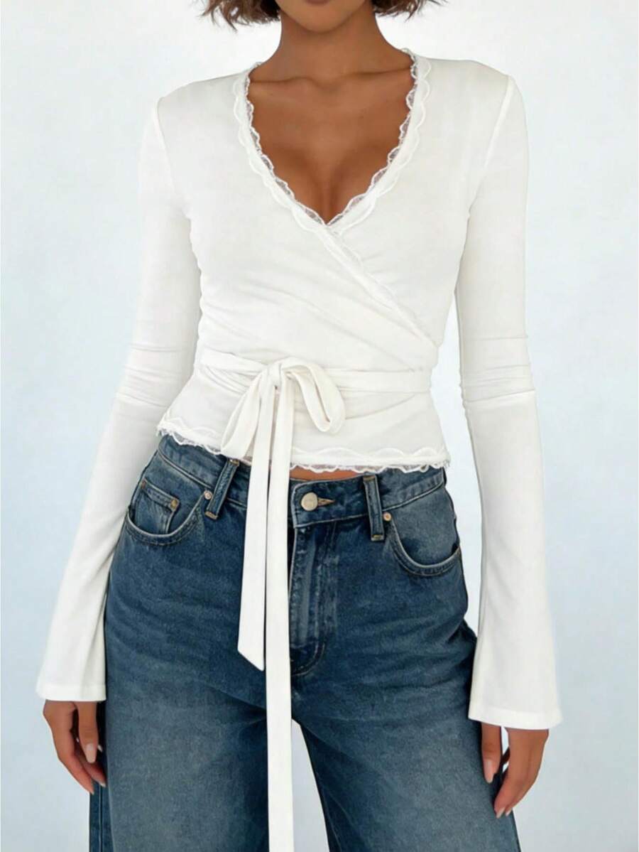 Women Y2k Solid Color Long Sleeve T-Shirts Lace Trim Tie-Up V-Neck Shirts Spring Fall Slim Fit Casual Tops Basic Tee Going Out Outfit Streetwear - trắng - Xem 1