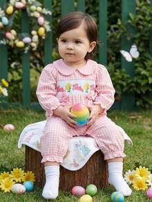 Pelele de Pascua para niña pequeña, cuello de muñeca, manga larga abullonada, con estampado de conejito, bordado floral, mono a cuadros - Rosa - Ver 7