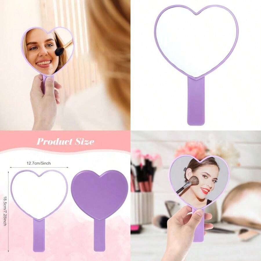 Heart-Shaped Handheld Mirror With Handle Portable Travel Makeup Hand Mirrors Decorative Mini Heart Cosmetic Lash Mirror For Women Girls Purple - 如圖 - 查看 1