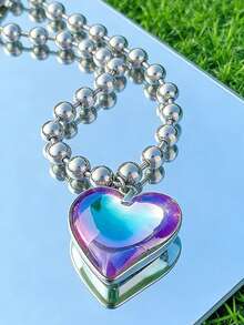 1pc Exaggerated Cute Beaded Heart Pendant Necklace, Fashion Party Accessories Valentines,Mom,Mother,Mother's Day,Gift - Hot Pink - View 9