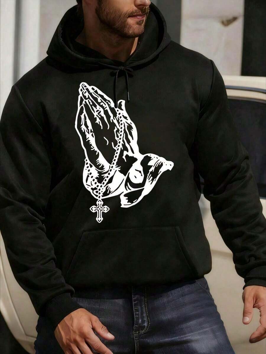 Oversized Hoodies With Praying Hands And Rosary Cross Graphic For Men, Winter Clothes For Boys, Loose Fit, Long Sleeve, Sweatshirt With Pocket, Black And White Options, Winter Fashion, Sweatshirts, Suitable For Parties, Outdoor Leisure Activities, Gift For Men, Perfect Holiday Gift, Size S-3XL - 黑色 - 查看 1