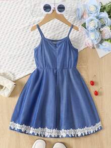 Girls Embroidered Blue Sleeveless Knee-Length Casual Dress, Summer - Blue - View 6