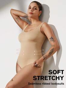 1pc Women Plus Size Seamless Bodysuit, Waist Cinching, Tummy Control, Butt Lifting - Apricot - View 6