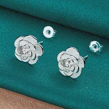 925 Sterling Silver Rose Gold Plated Flower Stud Earrings, Charming Jewelry For Wedding Engagement - Silver - View 2