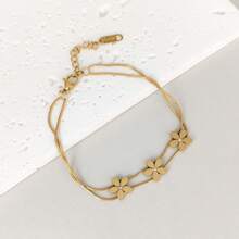 4pcs Stainless Steel Rhinestone Flower Pendant Bracelet Necklace Earrings Jewelry Set, Double Flower Accessories - Yellow Gold - View 7