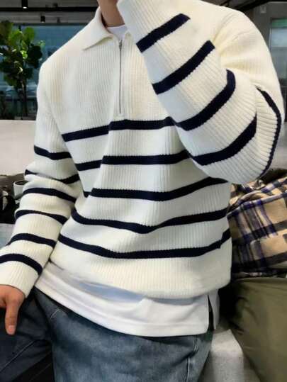 男士条纹撞色半拉链领毛衣，秋冬季百搭长袖上衣