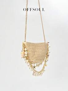 贝壳、星星、贝壳草编包，女士新款个性珍珠手工编织手提包，派对、宴会、旅行、沙滩单肩包，带链条 - 米色 - 查看 4